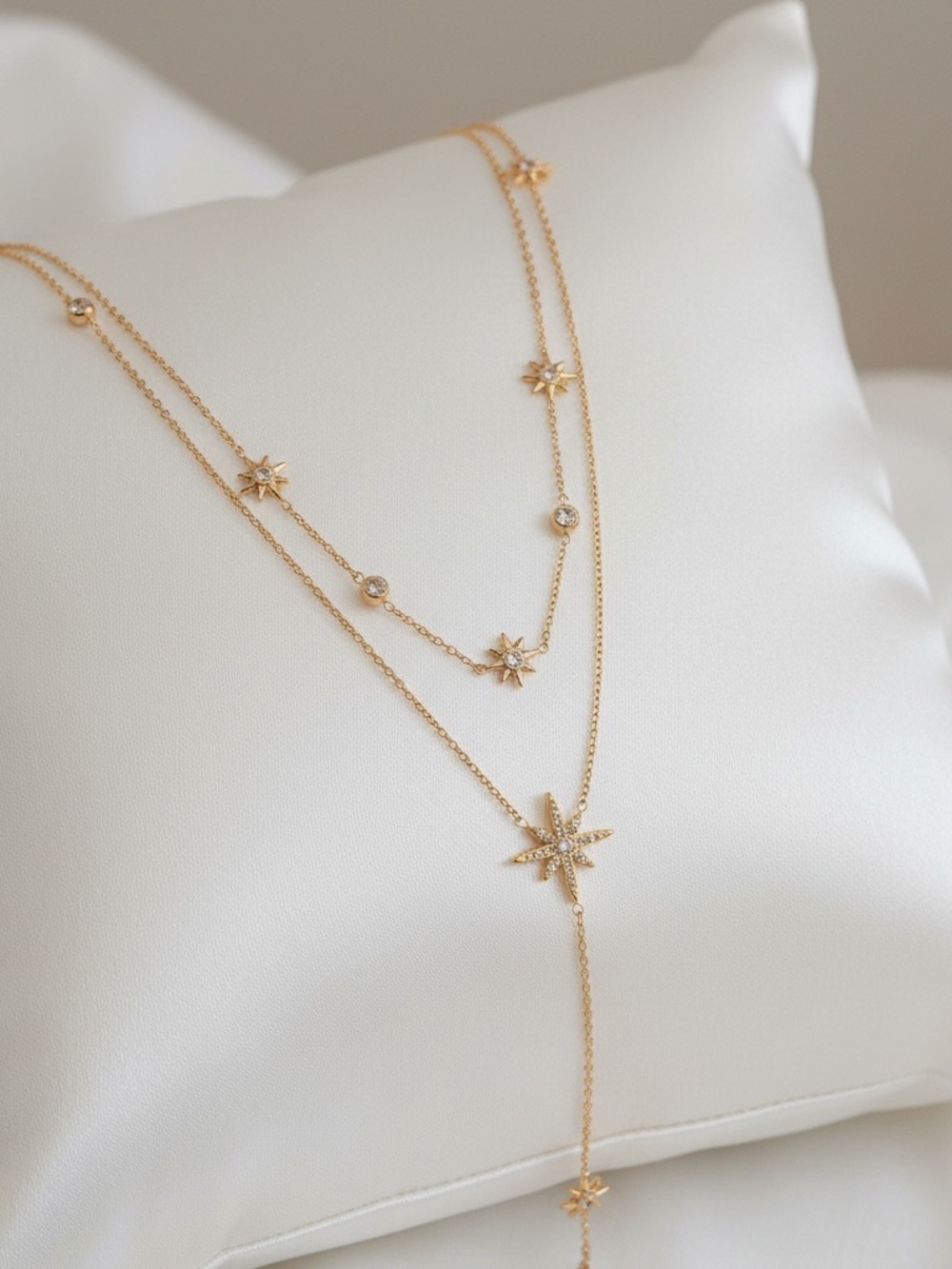 18k Gold Plated Star Lariat Necklace - Layered. New.